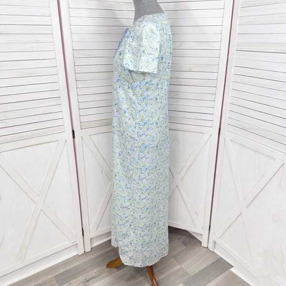 Vntg Villager Liz Claiborne Ditsy Floral Cinch Neck Linen Maxi Dress Blue Medium - Picture 2 of 12